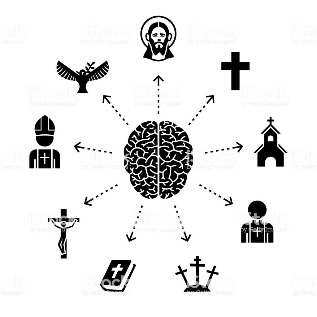 Conceptual Illustration Representing A Brain Surrounded By Religious Symbols.